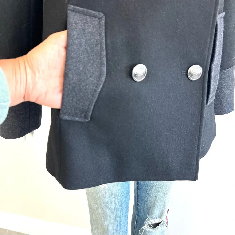 NAUTICA Women's Black Gray Trim Wool Blend Double Breasted Button Peacoat Sz M
